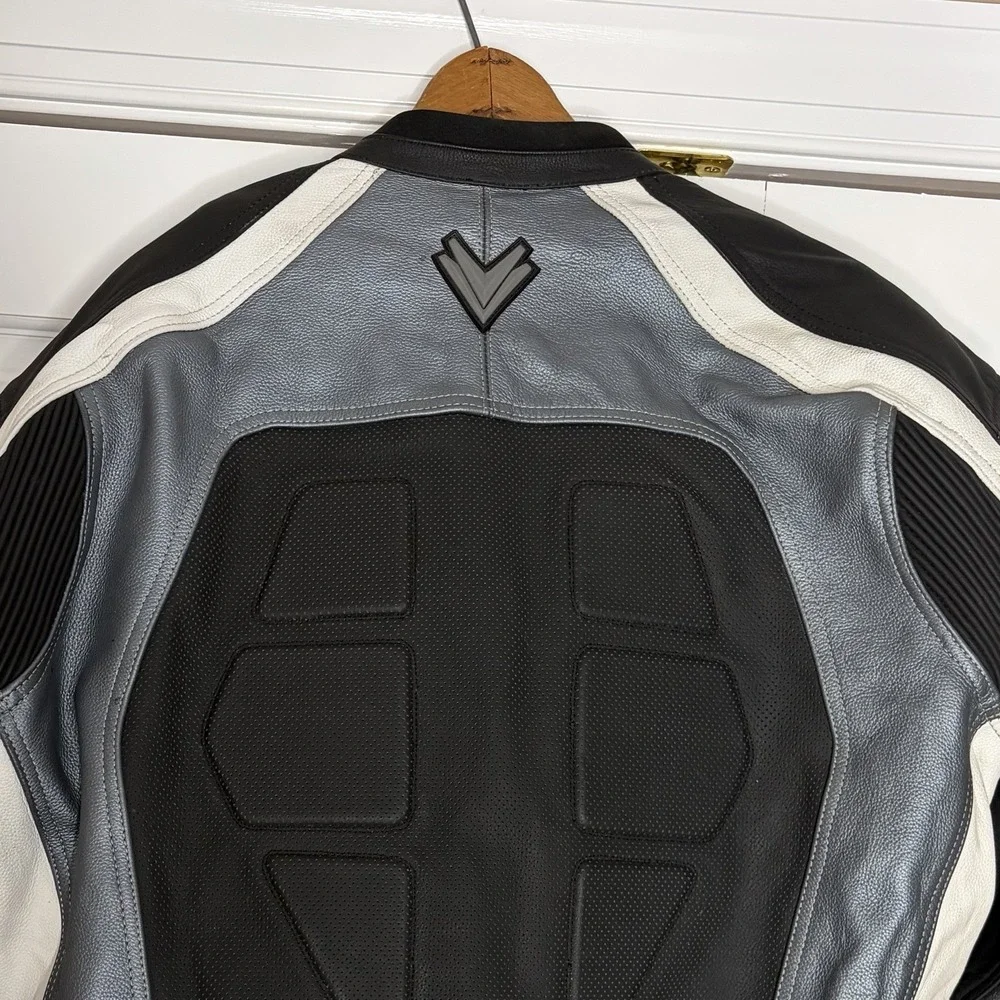 Frank Thomas‎ Motorcycle Jacket Mens 46 Leather Padded Sport Racing Black Silver